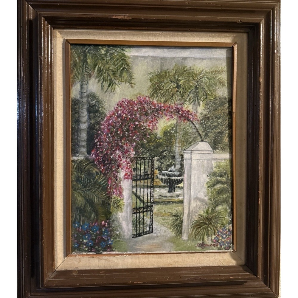 Vintage Signed S.L. Goron Garden Palm Floral Oil Painting Framed 18.5" x 21.25"